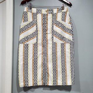 Anthropologie Quincy Embroidered Eyelet Pencil Skirt White Yellow Gray Brown 6